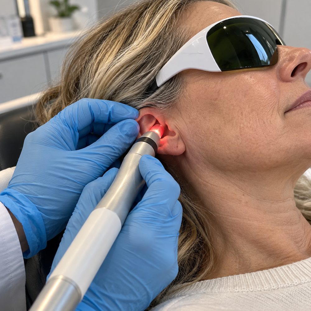 Application du laser de faible puissance sur le pavillon de l'oreille, la personne portant des lunettes de protection